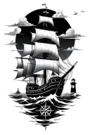 pirate ship sailing in ocean with lighthouse and compass tattoo design idea