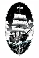 pirate ship sailing in ocean with lighthouse and compass tattoo design idea