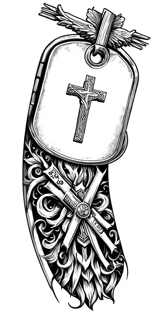 Christanity and dogtag military theme sleeve tattoo tattoo design idea