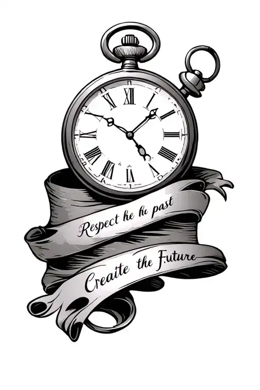 i want a pocketwatch with a scroll like banner wrapped in 3 sections with respect the past create the future on it tattoo design idea