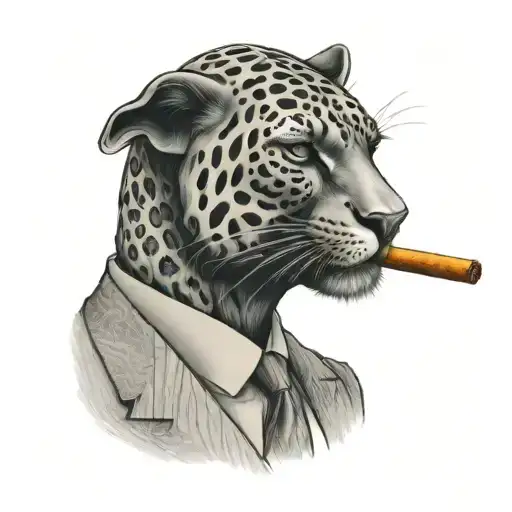 panther wearing a 3 piece suit smoking a cigar tattoo design idea
