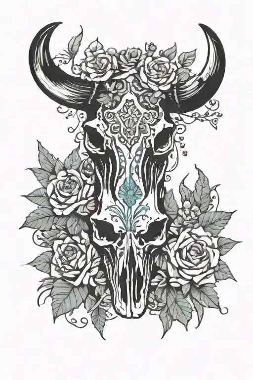 half sleeve western bull skull with flowers and cactus and turqoise tattoo design idea