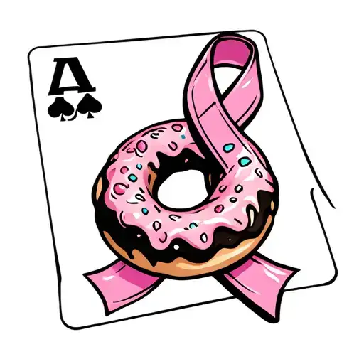 Breast cancer ribbon with old maid card and donut tattoo design idea