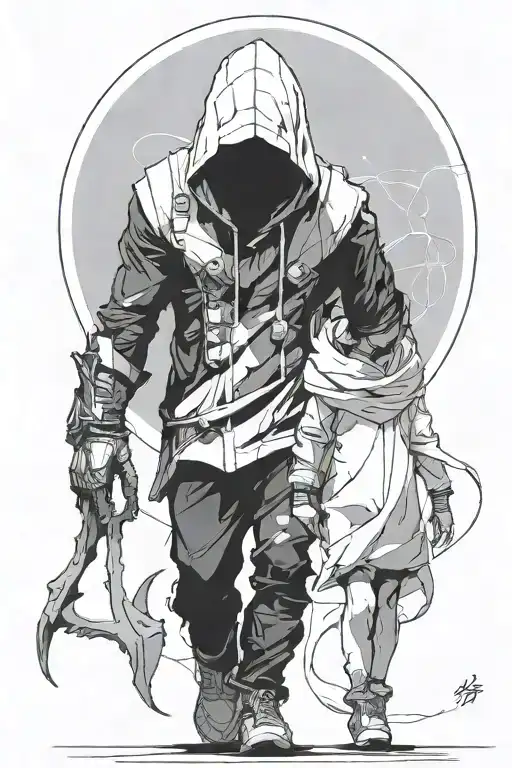 a girl and a huge hooded beast walking side by side tattoo design idea