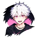 cute anime boy with white hair and pink eyes, fangs, fluffy short hair tattoo design idea