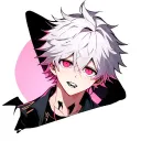 cute anime boy with white hair and pink eyes, fangs, fluffy short hair tattoo design idea