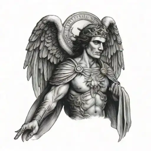 saint micheal on right peck chest looking towards the head tattoo design idea