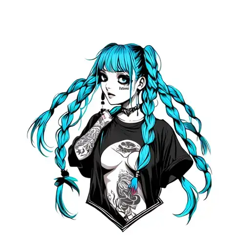 Tattoo-style illustration of a blue-haired, anime-inspired punk girl with long, neat, smooth braids (not messy), standin tattoo design idea