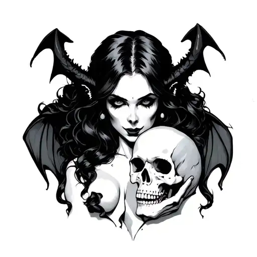 plus size succubus holding a skull tattoo design idea