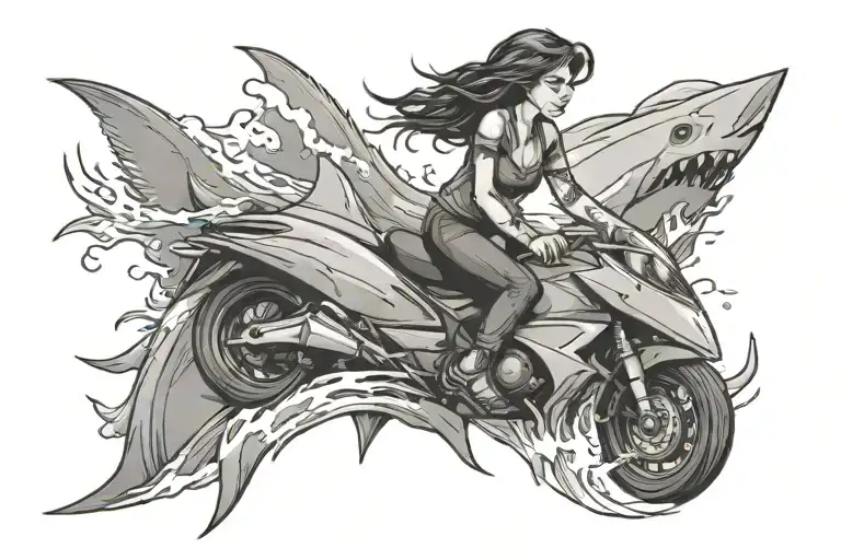woman riding shark fin tattoo design idea