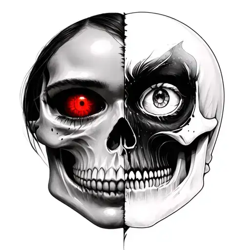 women face half skull half normal face with one red eye tattoo design idea