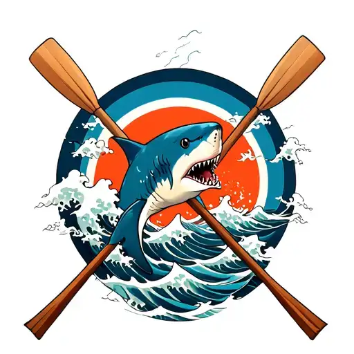 shark in front of crossed rowing oars with waves flowing tattoo design idea