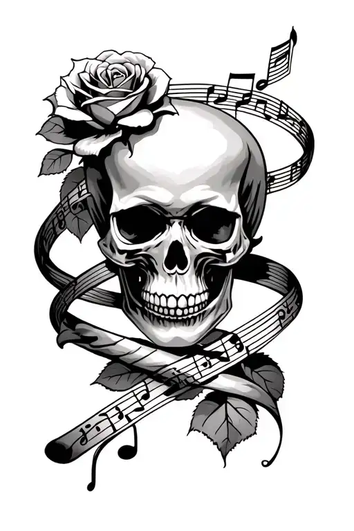 skull and roses with a music stave wrapping around it with the song a thousand years on the music stave  tattoo design idea