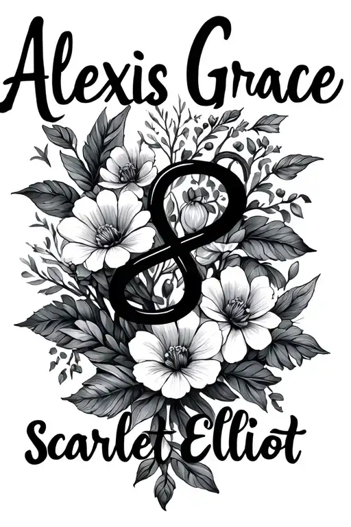 "Alexis Grace Scarlet Elliott " infinite symbol and birth flowers tattoo design idea