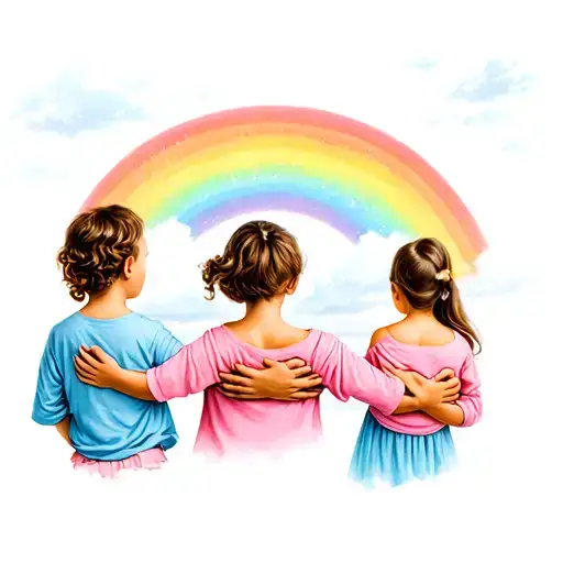 double rainbow in sky with mom holding boy and girl twins in arms back facing tattoo design idea