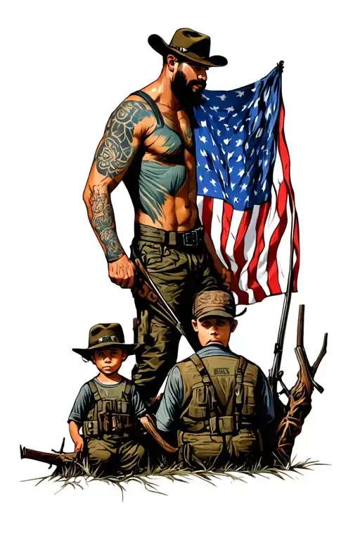 dad and son hunting, american flag, bicep tattoo tattoo design idea