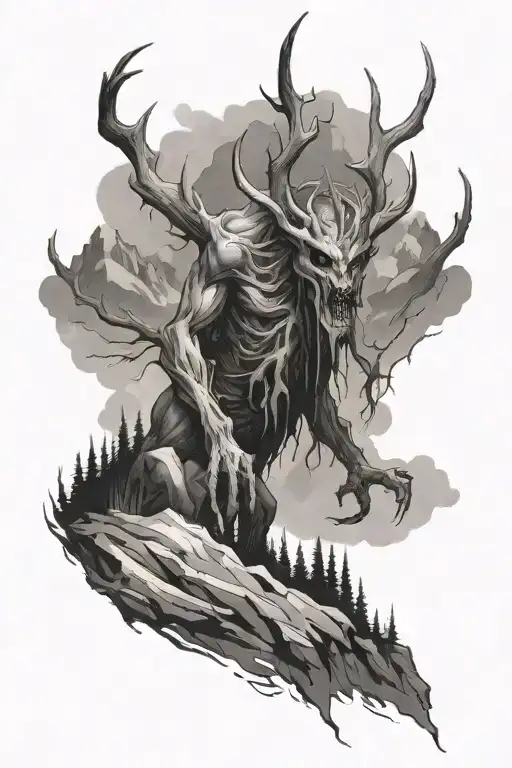 wendigo lurking in the mountains tattoo design idea