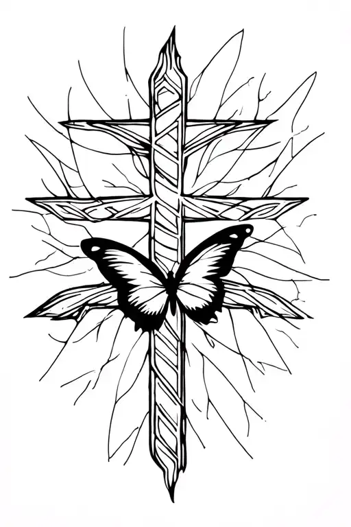butterfly flying around a cross tattoo design idea