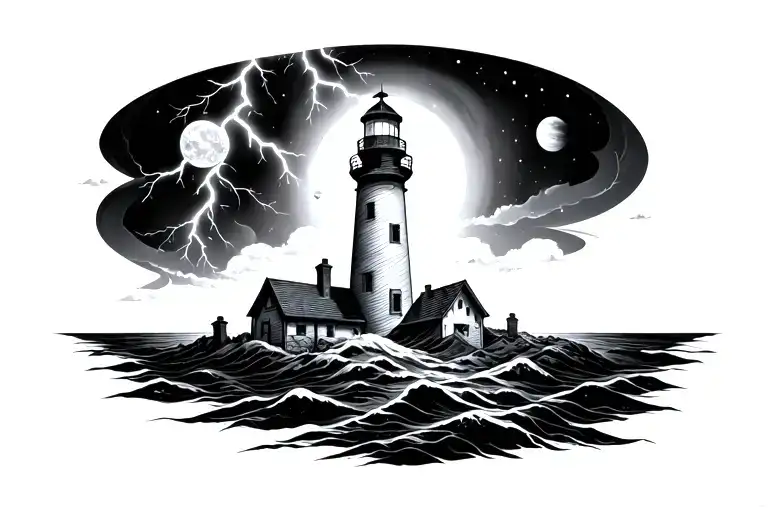 lighthouse, black hole, planet, lightning, storm tattoo design idea