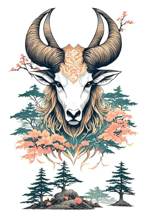 Head of the Aries sign among a growing forest scene tattoo design idea