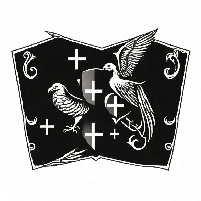 Coat of arms with pair wing of dove and cross in the shield, helm templar tattoo design idea