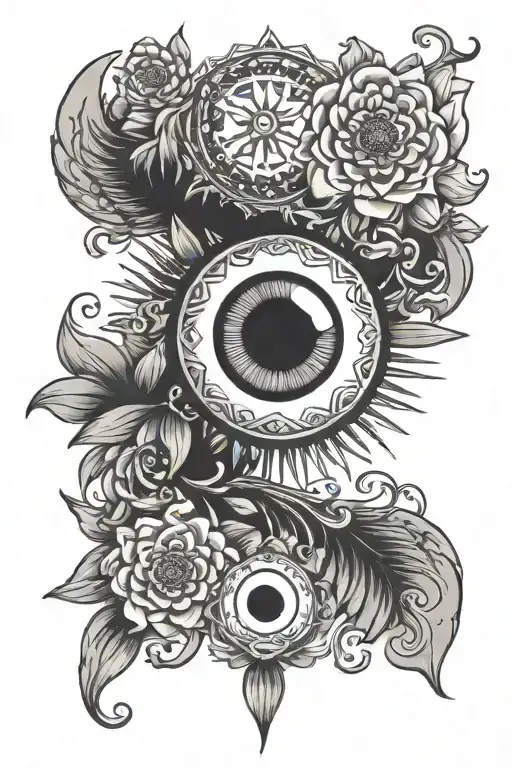 evil eye, om symbol, sun, flowers tattoo design idea