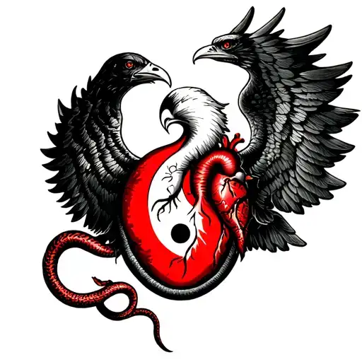 spread eagle wings with human heart, yin yang, 2 snakes tattoo design idea