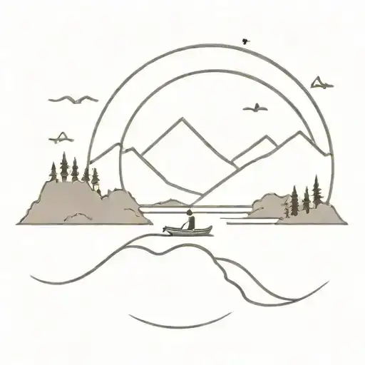 Lake and Rowing Boat and Mountain and Forest and Sun tattoo design idea