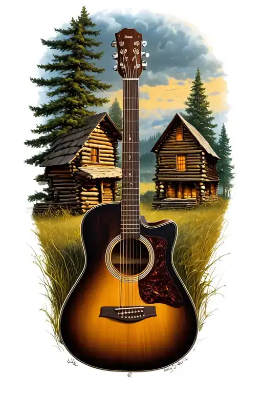 accoustic guitar surrounded by log cabin scene  tattoo design idea