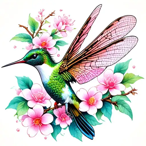 Hummingbird dragon fly cherry blossom infinity tattoo design idea