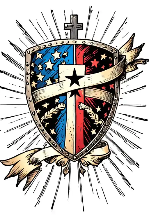 shield and banner with holy background tattoo design idea
