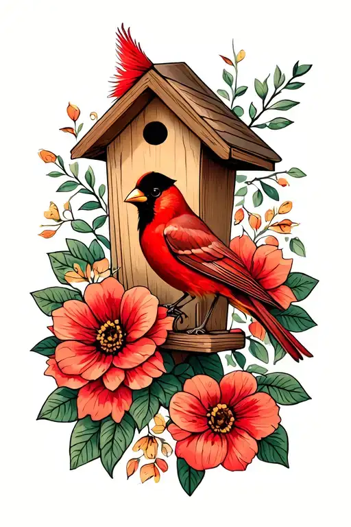 flowers, birdhouse, and cardinal bird tattoo design idea
