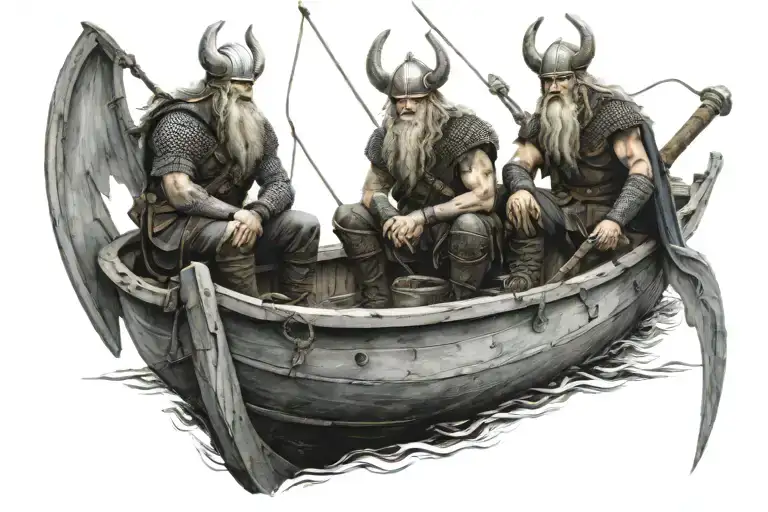 VIKINGS ON A BOAT WITH ODIN ABOVE WATCHING AND TAKING CARE OF THEM tattoo design idea