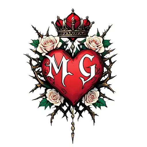 "M G" heart intertwined with roses and thorns, crowned and inscribed with Gothic characters tattoo design idea