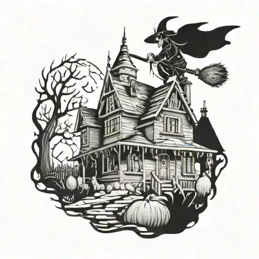 A witch flying on a broomstick over a haunted house at night tattoo design idea