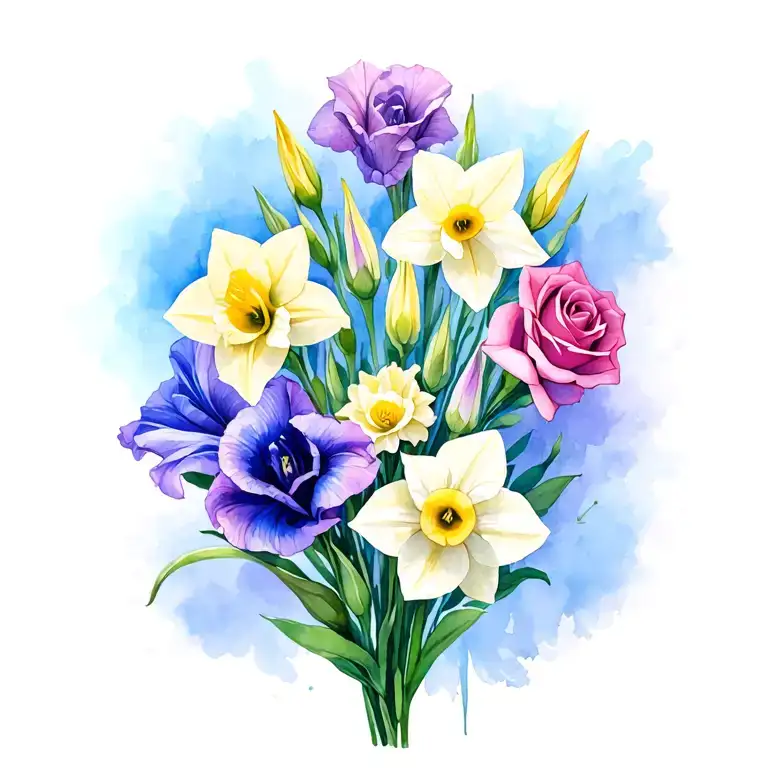 gladiolus, daffodil, rose, sweet pea family birth flower bouquet tattoo design idea