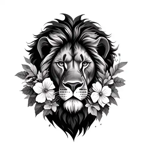 lion face and flowers tattoo design idea