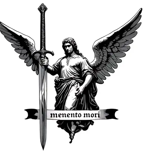 st Michael archangel with a sword, with a text memento mori written tattoo design idea