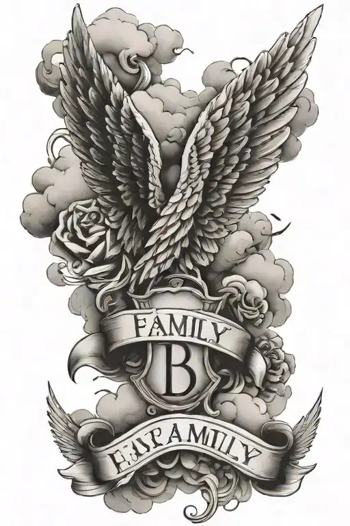 clouds all over forearm, one medium letter B, one angel wings, one medium letter A, write “family over everything”, writ tattoo design idea