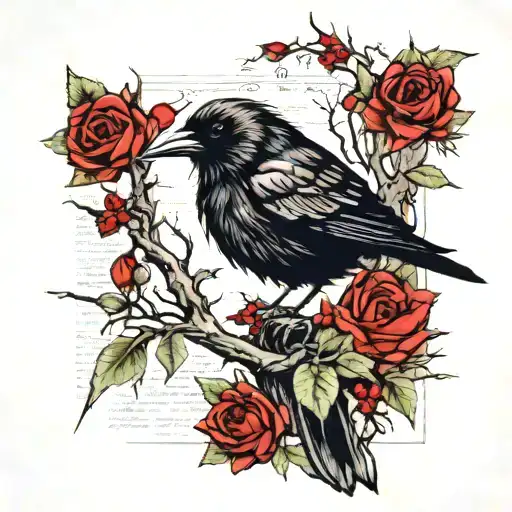 Raven eye tattoo newspaper clipping with teardrop on branches with thorns and red flowers tattoo design idea