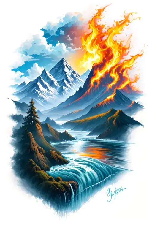 A unique design combining the four elements (Mountains, water, fire, air) into a cohesive and balanced composition tattoo design idea
