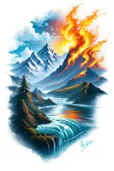 A unique design combining the four elements (Mountains, water, fire, air) into a cohesive and balanced composition tattoo design idea