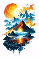 A unique design combining the four elements (Mountains, water, fire, air) into a cohesive and balanced composition tattoo design idea