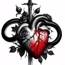 dagger piercing a realistic bleeding human heart ensnared by black roses with thorns. Add a black mamba coiled around tattoo design idea