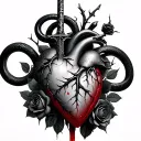 dagger piercing a realistic bleeding human heart ensnared by black roses with thorns. Add a black mamba coiled around tattoo design idea