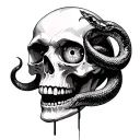 gothic style skull that looks like it's glitching with a snake coming through the eye and animal skulls around the base tattoo design idea