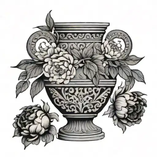 large greek vase with peonies flowers coming out top, large, delicate on the back maybe medusa or snakes on the vase tattoo design idea