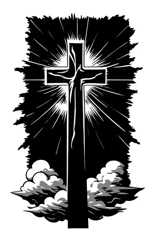 a cross with clouds and sun rays beaming tattoo design idea