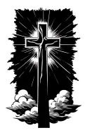 a cross with clouds and sun rays beaming tattoo design idea