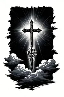 a cross with clouds and sun rays beaming tattoo design idea